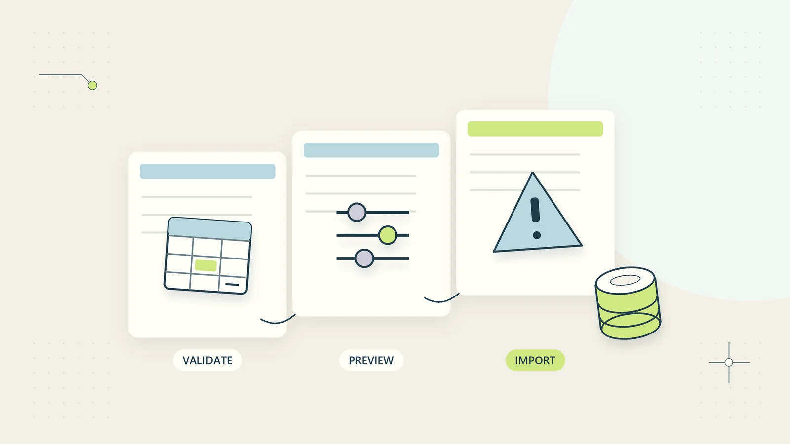 An import worksheet passes validation and exception review before changing a database.