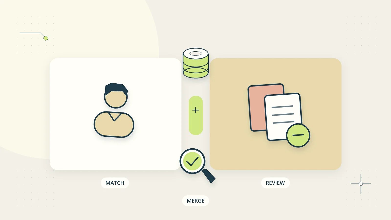 Potential duplicate customer records are compared and reviewed before a controlled merge.