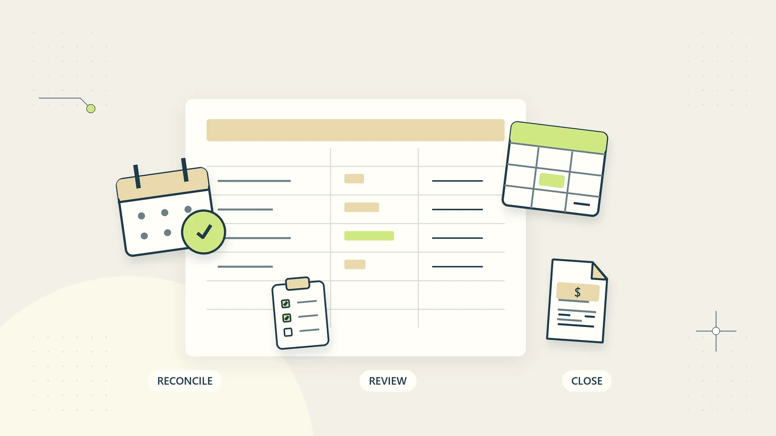 A month-end desk brings a calendar, accounting worksheet, invoice evidence, and review checklist together.
